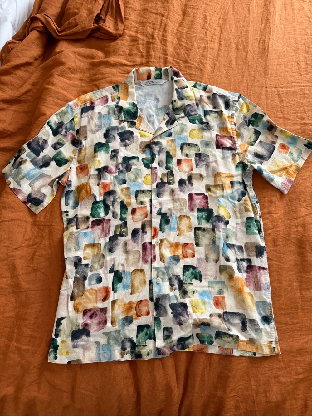 Zara Multicolor Watercolor Block Short-Sleeve Button-Down Shirt